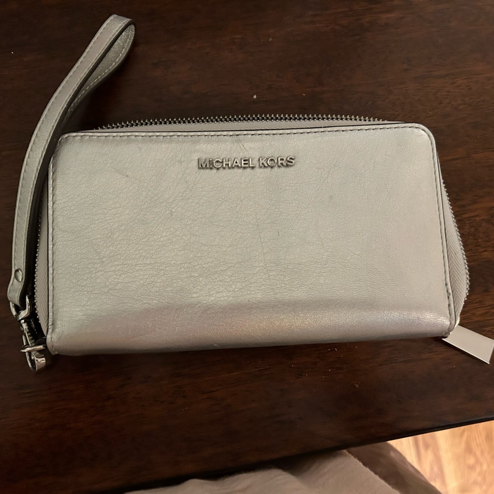 Metallic silver Michael Kors wristlet